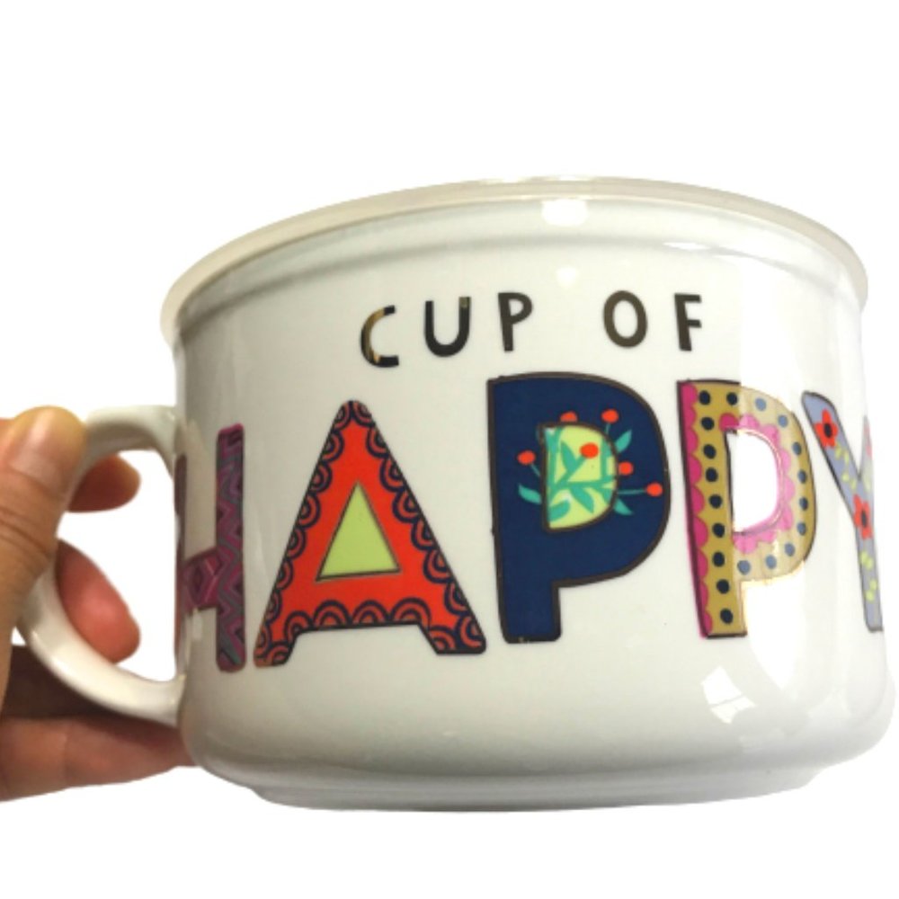 NWOT CUP of HAPPY MUG SOUP BOWL HANDLE & LID COVER